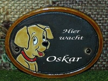 Keramik-Türschild – Hund – 11,2 x 8,2 cm -  Schriftfeld braun – Handarbeit