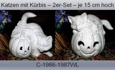 Katzen mit Kürbis - 2er-Set - je 15 cm hoch – Schrühware