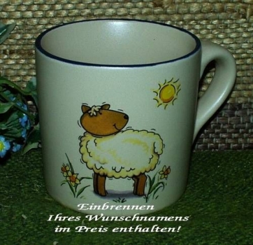 Keramik-Tasse  - Becher mit Wunschtext – Motiv: 1 x Schaf mit Sonne
