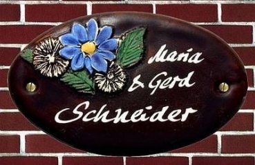 Keramik-Türschild - Blumen – braun – 14 x 8 cm
