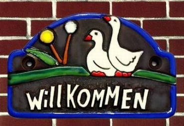 Willkommens-Schild mit Gänsen – 13 x 8 cm mit festem Text