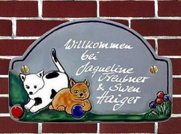 Keramik-Türschild – Friesen-Trend – Katzenpaar - 22 x 14 cm – Schriftfeld hellgrau – Handarbeit