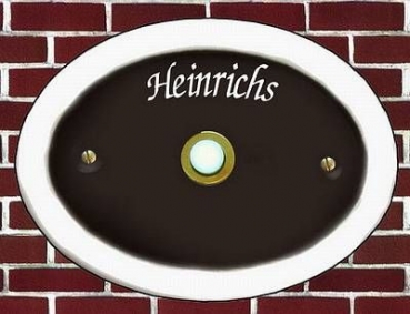 Keramik-Türschild mit unten eingebauter Messingklingel – schlicht mit weißem Rand – 11 x 8 cm – Schriftfeld dunkelbraun – Handarbeit