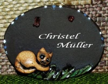 Töpfer-Türschild – Katze – 8,5 x 7 cm – dunkelbraun – Handarbeit