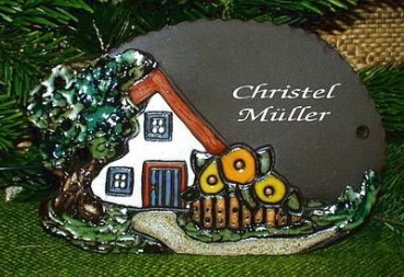 Töpfer-Türschild – Haus mit Sonnenblumen – 18,5 x 12 cm – Reliefbild – aufwändige Handarbeit