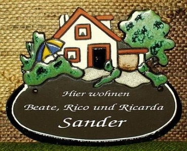 Töpfer-Türschild – Haus mit Sonnenschirm – 20 x 17 cm – Flachbild – aufwändige Handarbeit