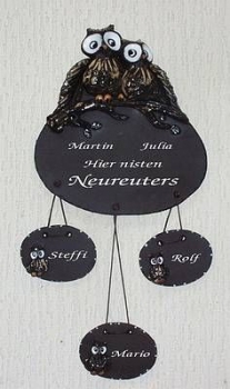 Töpfer-Türschild – Eulen-Duo mit 3 Eulen-Anhängern – 22 x 33 cm – Reliefbild – tolle, sehr aufwändige Handarbeit