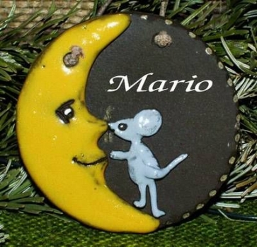 Töpfer-Türschild – Maus im Mond – 9 cm – Reliefbild - dunkelbraun – Handarbeit – DISC