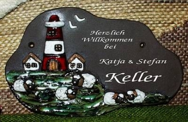 Töpfer-Türschild – Leuchtturm mit 2 Häusern und Schafen – 21,5 x 13,5 cm - Reliefbild – tolle, aufwändige Handarbeit