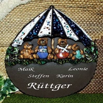 Töpfer-Türschild – Teddy-Familie – 2 Kinder – 19 x 20 cm – sehr aufwändige Handarbeit – DISC