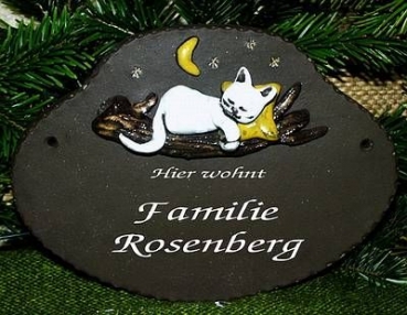 Töpfer-Türschild – schlafende Katze auf Ast – 22 x 16 cm – Reliefbild – aufwändige Handarbeit