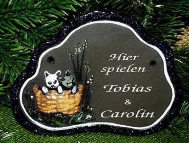 Töpfer-Türschild – Katzen-Paar im Korb – 18 x 14 cm – Reliefbild – aufwändige Handarbeit