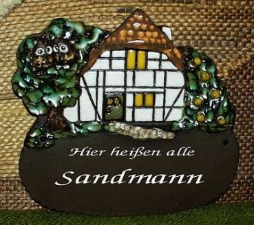 Töpfer-Türschild – Fachwerkhaus und Eulenpaar im Baum – 19 x 18,5 cm – Reliefbild – sehr aufwändige Handarbeit – DISC