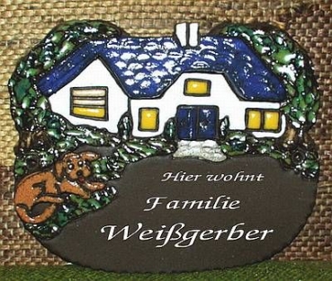 Töpfer-Türschild – Haus mit Rollos und Hund – 18,5 x 15,3 cm – Reliefbild – sehr aufwändige Handarbeit – DISC