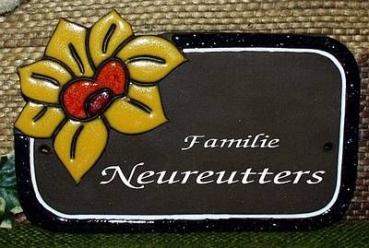 Töpfer-Türschild – Rechteck mit Blume – 19,5 x 12,5 cm – Reliefbild – sehr aufwändige Handarbeit – DISC