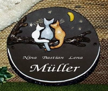 Töpfer-Türschild – Katzen-Familie – 1 Kind – 20,5 x 17,5 cm – Reliefbild – aufwändige Handarbeit