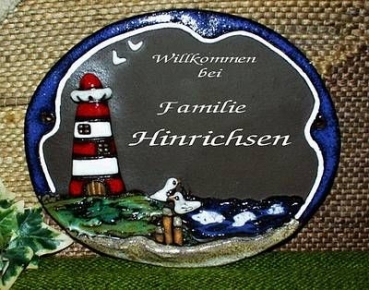 Töpfer-Türschild – Leuchtturm mit Möwen – 20 x 16,5 cm - Reliefbild – aufwändige Handarbeit