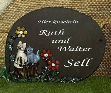 Töpfer-Türschild – Katzenpaar mit Blumen – gelb und rot – 20 x 15 cm – Reliefbild – sehr aufwändige Handarbeit – DISC