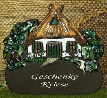 Töpfer-Türschild – Friesenhaus mit Katzenpaar - 18 x 16,5 cm – Reliefbild – sehr aufwändige Handarbeit – DISC