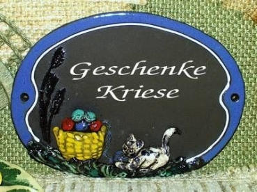 Töpfer-Türschild – Katze mit Wollkorb – blauer Rand – 20 x 14,5 cm – Reliefbild – sehr aufwändige Handarbeit – DISC