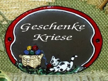 Töpfer-Türschild – Katze mit Wollkorb – roter Rand – 20 x 14,5 cm – Reliefbild – sehr aufwändige Handarbeit – DISC