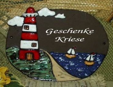 Töpfer-Türschild – Leuchtturm mit Segelbooten – 23 x 16 cm - Reliefbild – sehr aufwändige Handarbeit