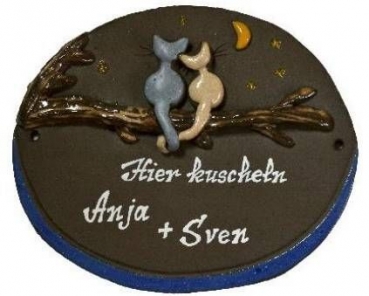 Töpfer-Türschild – Katzenpaar auf Ast – 20,5 x 17,5 cm – Reliefbild – schöne aufwändige Handarbeit