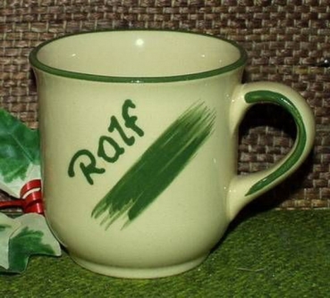 Tasse creme-weiß aus Keramik - Dekor Daniel  grün - Becher mit festem Text : Ralf