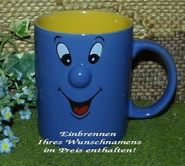 Keramik-Tasse  - Becher – Knubbelnase – blau / gelb – mit Wunschtext