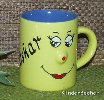 Keramik-Tasse  - Kinder oder Espresso-Tasse - Becher mit Wunschname – Motiv: FACE gelb/blau