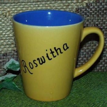 Keramik-Tasse  - Becher – ohne Motiv – gelb / blau – mit Wunschtext