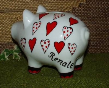 Sparschwein mit roten Herzen - inkl. Stopfen - 16 x 10,5 x 12 cm – gerne auch mit kurzem Text