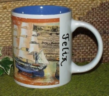 Keramik-Tasse  - Becher mit Wunschname – 1 Rundum-Motiv – Segelschiffe