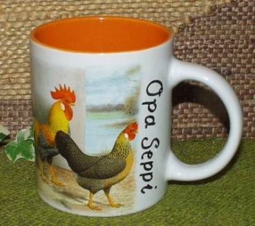 Keramik-Tasse  - Becher mit Wunschname – Rundum-Motiv: Hahn und Henne – Leghorn