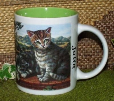 Keramik-Tasse  - Becher mit Wunschtext – Rundum-Motiv: Katzen