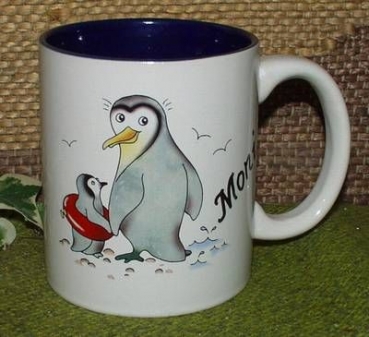 Keramik-Tasse  - Becher mit Wunschtext – Motiv: 1 x Pinguin mit Kind