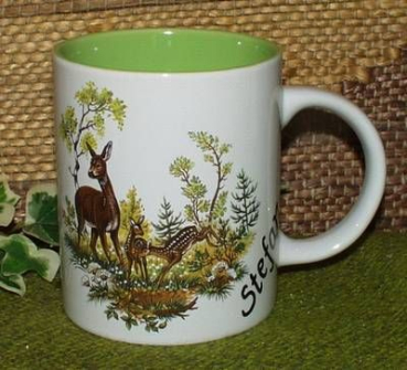 Keramik-Tasse  - Becher mit Wunschname – Motiv: 1 x Reh mit Kitz – 80 mm – Tasse innen blau, nicht grün