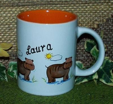 Keramik-Tasse  - Becher mit Wunschname – Motiv: 3 x Nilpferd mit Sonne – Sunshine Hippo