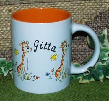 Keramik-Tasse  - Becher mit Wunschname – Motiv: 3 x Giraffe mit Sonne