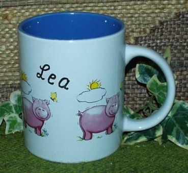 Keramik-Tasse  - Becher mit Wunschname – Motiv: 3 x Schwein mit Sonne