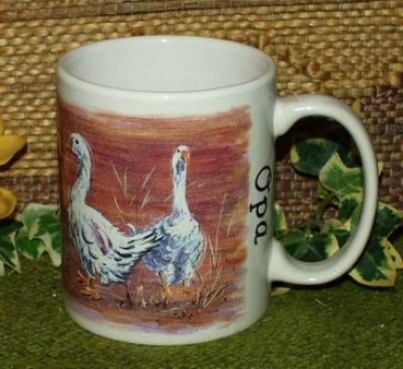 Keramik-Tasse  - Becher mit Wunschtext – Rundum-Motiv : Gänse