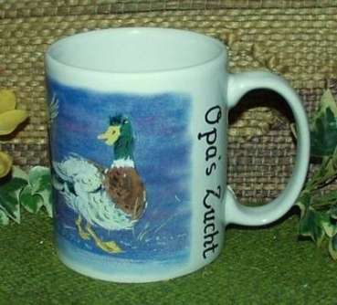 Keramik-Tasse  - Becher mit Wunschtext – Rundum-Motiv : Enten