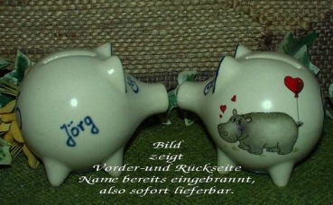 Sparschwein mit Stopfen – 10 x 8,5 x 8,5 cm - Nilpferdmotiv – fester Name: Jörg