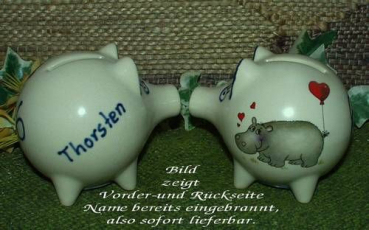 Sparschwein mit Stopfen – 10 x 8,5 x 8,5 cm - Nilpferdmotiv – fester Name: Thorsten