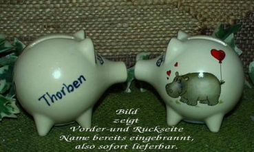 Sparschwein mit Stopfen – 10 x 8,5 x 8,5 cm - Nilpferdmotiv – fester Name: Thorben