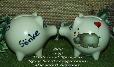 Sparschwein mit Stopfen – 10 x 8,5 x 8,5 cm - Nilpferdmotiv – fester Name: Sönke