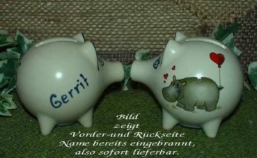 Sparschwein mit Stopfen – 10 x 8,5 x 8,5 cm - Nilpferdmotiv – fester Name: Gerrit