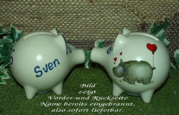 Sparschwein mit Stopfen – 10 x 8,5 x 8,5 cm - Nilpferdmotiv – fester Name: Sven
