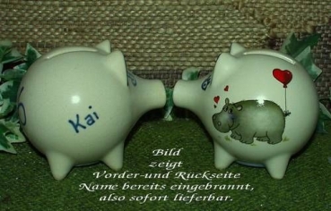 Sparschwein mit Stopfen – 10 x 8,5 x 8,5 cm - Nilpferdmotiv – fester Name: Kai