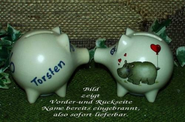 Sparschwein mit Stopfen – 10 x 8,5 x 8,5 cm - Nilpferdmotiv – fester Name: Torsten